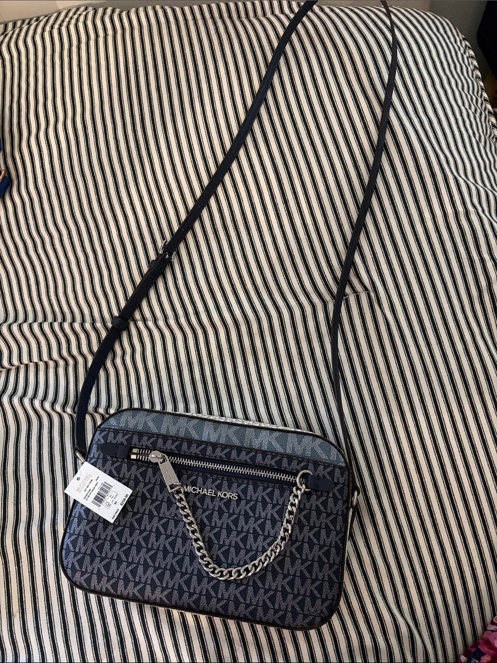 Michael Kors Navy Gray and White MK Logo Crossbody with Chain Detail